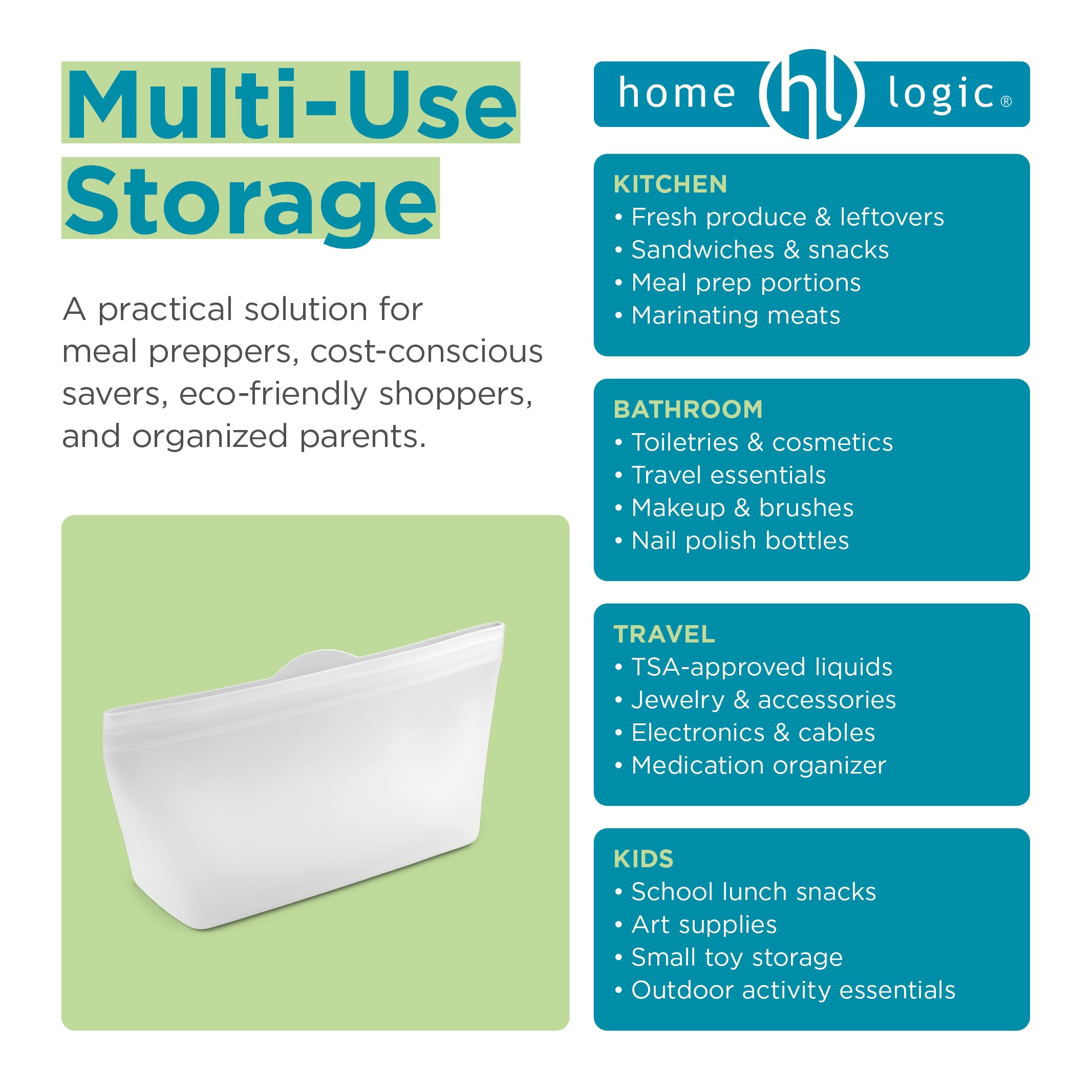 Home Logic Reusable Snack Bags - Set of 6 Clear Silicone Freezer Bags, Airtight Leak Resistant Reusable Zip Bags for Kitchen Home Food Prep, Microwave & Sous Vide Safe