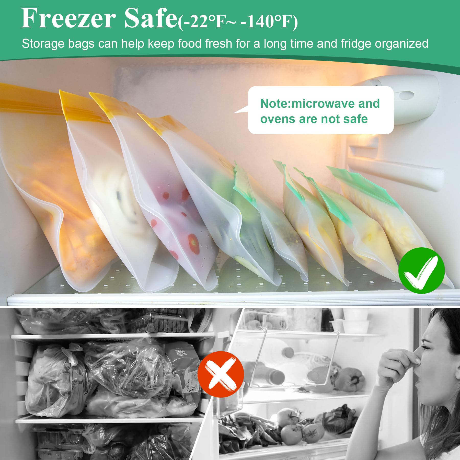 12 Pack Food Storage Containers Silicone Bags-6 Gallon Freezer 3 Sandwich 3 Reusable Snack Bags, Leakproof Silicone Bags for Fruit Storage