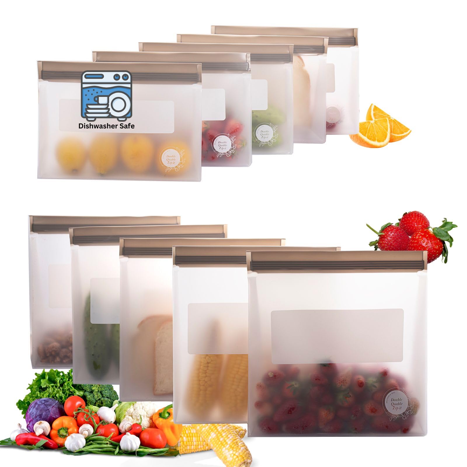Reusable Food Storage Bags – 10-Pack Stand-Up, BPA-Free, Freezer, Dishwasher Safe, & Eco-Friendly – 5 L, 5 M Bags – Airtight Leakproof Sandwich, Snack, Travel & Make-Up baggies (Grey)