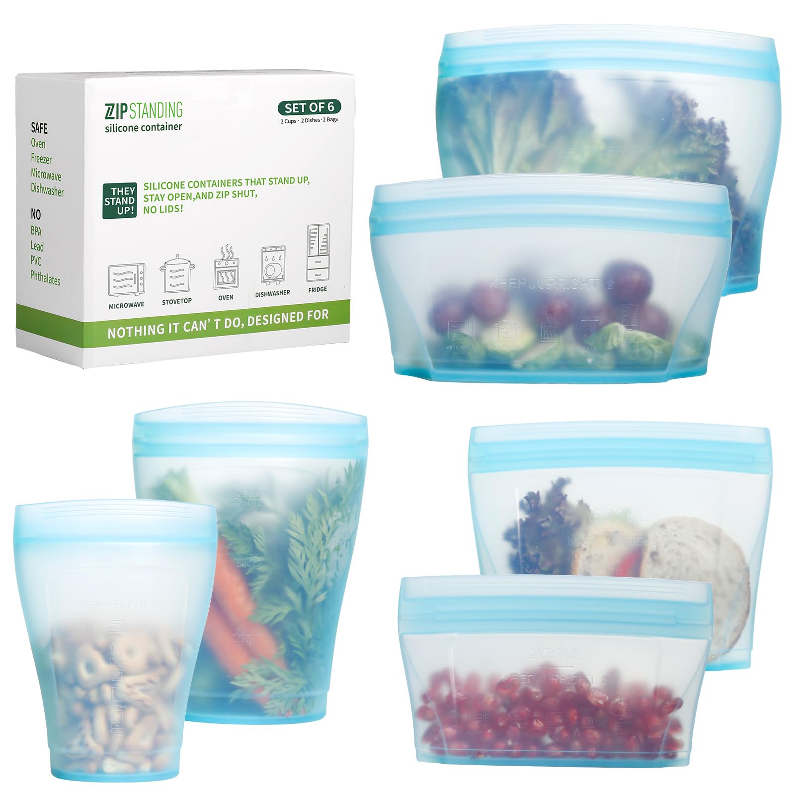 Zip Standing Reusable food container, silicone bag, 6 Pcs Zip Containers Can be used for fruit and vegetable snacks, etc. Microwave Dishwasher and Freezer Usable (blue)…