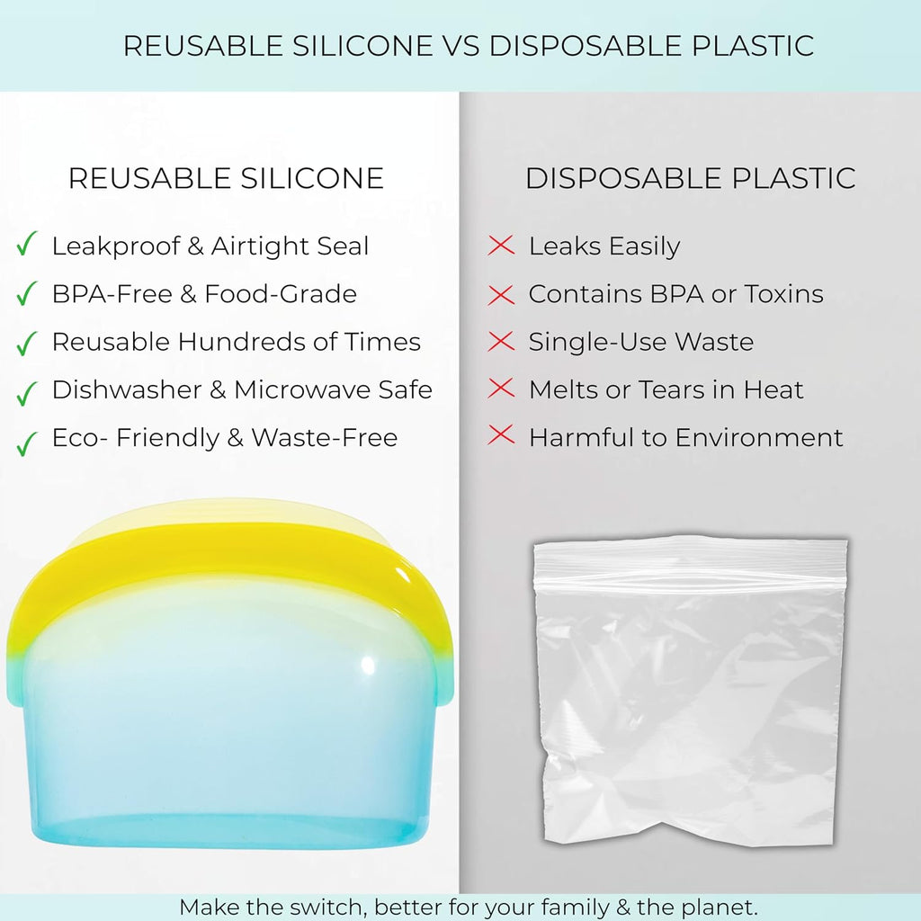 Reusable Silicone Food Storage Bags (3-Pack) | Stand-Up Wide Bottom Leakproof Silicone Freezer Bags | BPA-Free Microwave & Dishwasher Safe | Eco-Friendly Airtight Snack & Meal Prep Bags