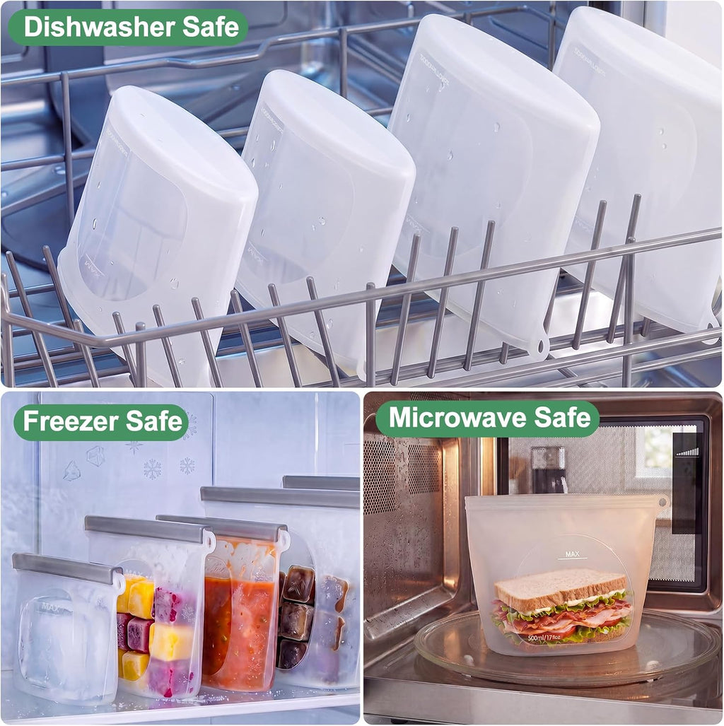 Silicone Reusable Food Storage Bags 6 Pack,Reusable Freezer Bags,Stand Up Wide-Mouth Zipper Container,Food Storage Bag Easy-Clean Sandwich,Microwave & Dishwasher,Eco Friendly(17oz,35oz,70oz)