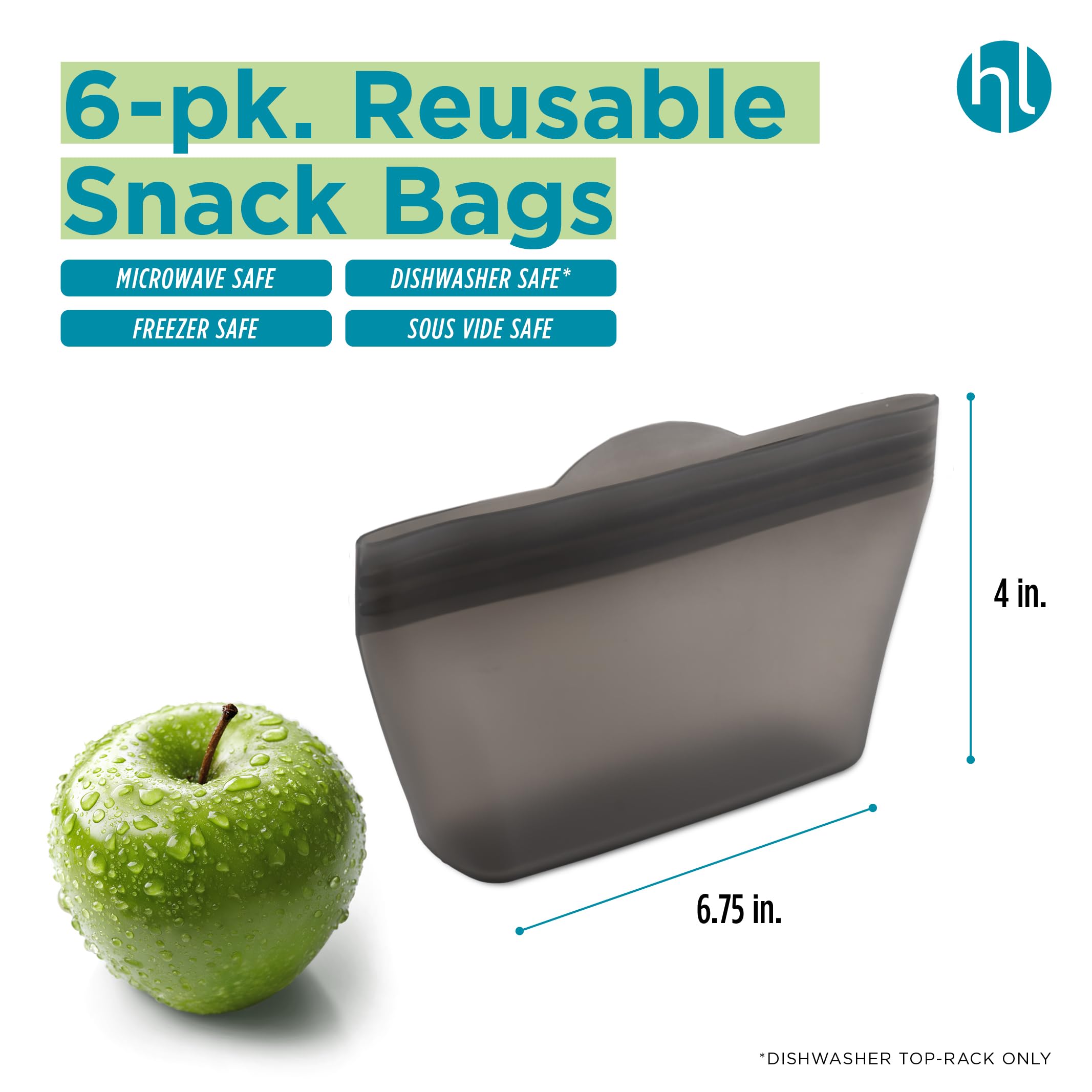 Home Logic Reusable Snack Bags - Set of 6 Clear Silicone Freezer Bags, Airtight Leak Resistant Reusable Zip Bags for Kitchen Home Food Prep, Microwave & Sous Vide Safe