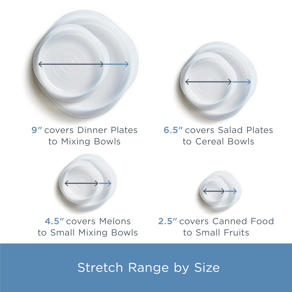 Stasher Premium Reusable Silicone Stretch Lids, Clear, 4pk of 9”, 6.5”, 4.5”, and 2.5” Lids, Airtight Seal, Food Container Covers, BPA Free, Leak-Free, Dishwasher Safe, Microwave Safe, Eco-Friendly