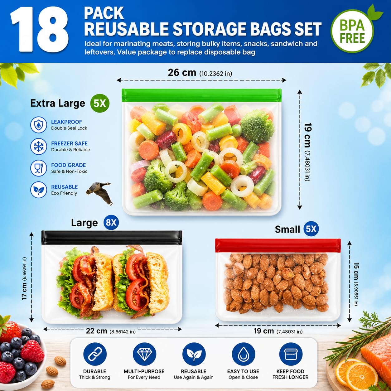 24-Pack Reusable Silicone Food Storage Bags, Leakproof Ziplock Set | Includes 8 Small, 8 Medium & 8 Large | Freezer-Safe & Eco-Friendly for Kitchen, Meal Prep & Travel