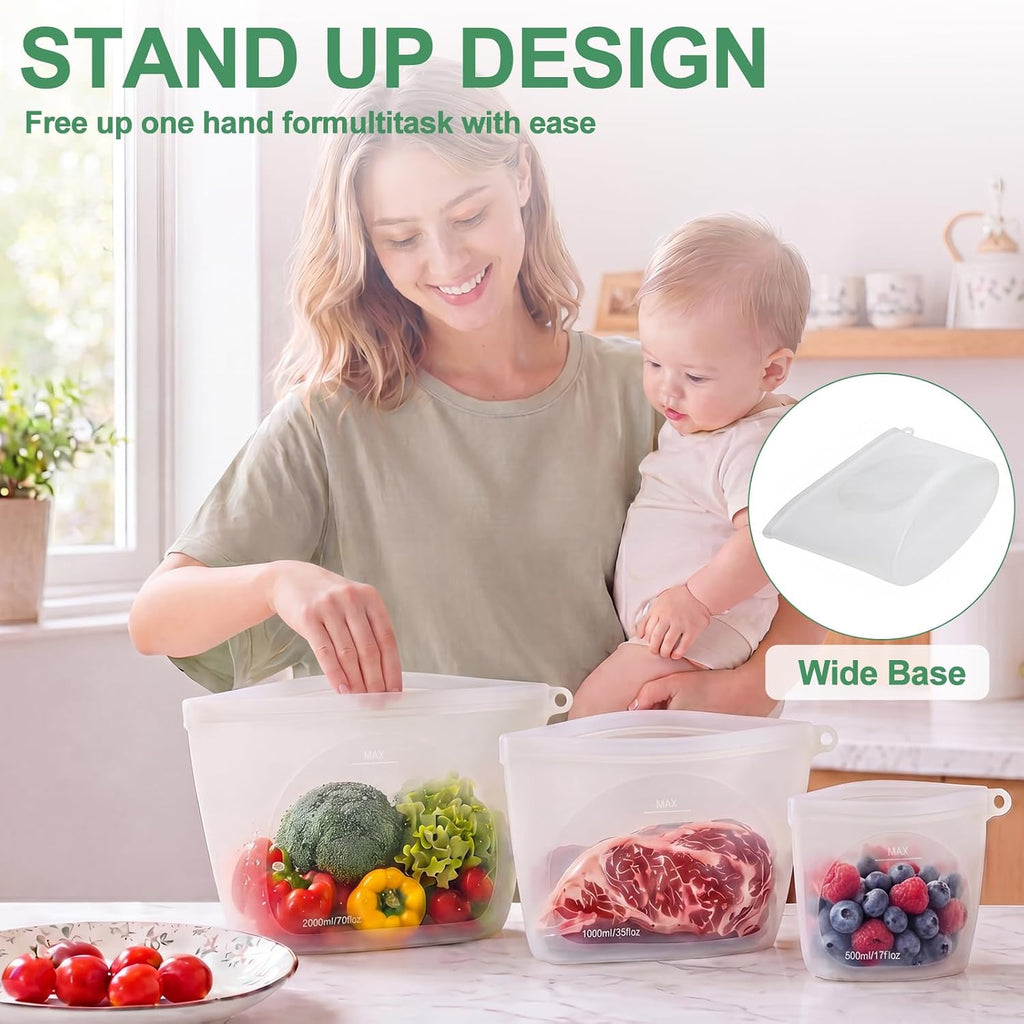 Silicone Reusable Food Storage Bags 6 Pack,Reusable Freezer Bags,Stand Up Wide-Mouth Zipper Container,Food Storage Bag Easy-Clean Sandwich,Microwave & Dishwasher,Eco Friendly(17oz,35oz,70oz)