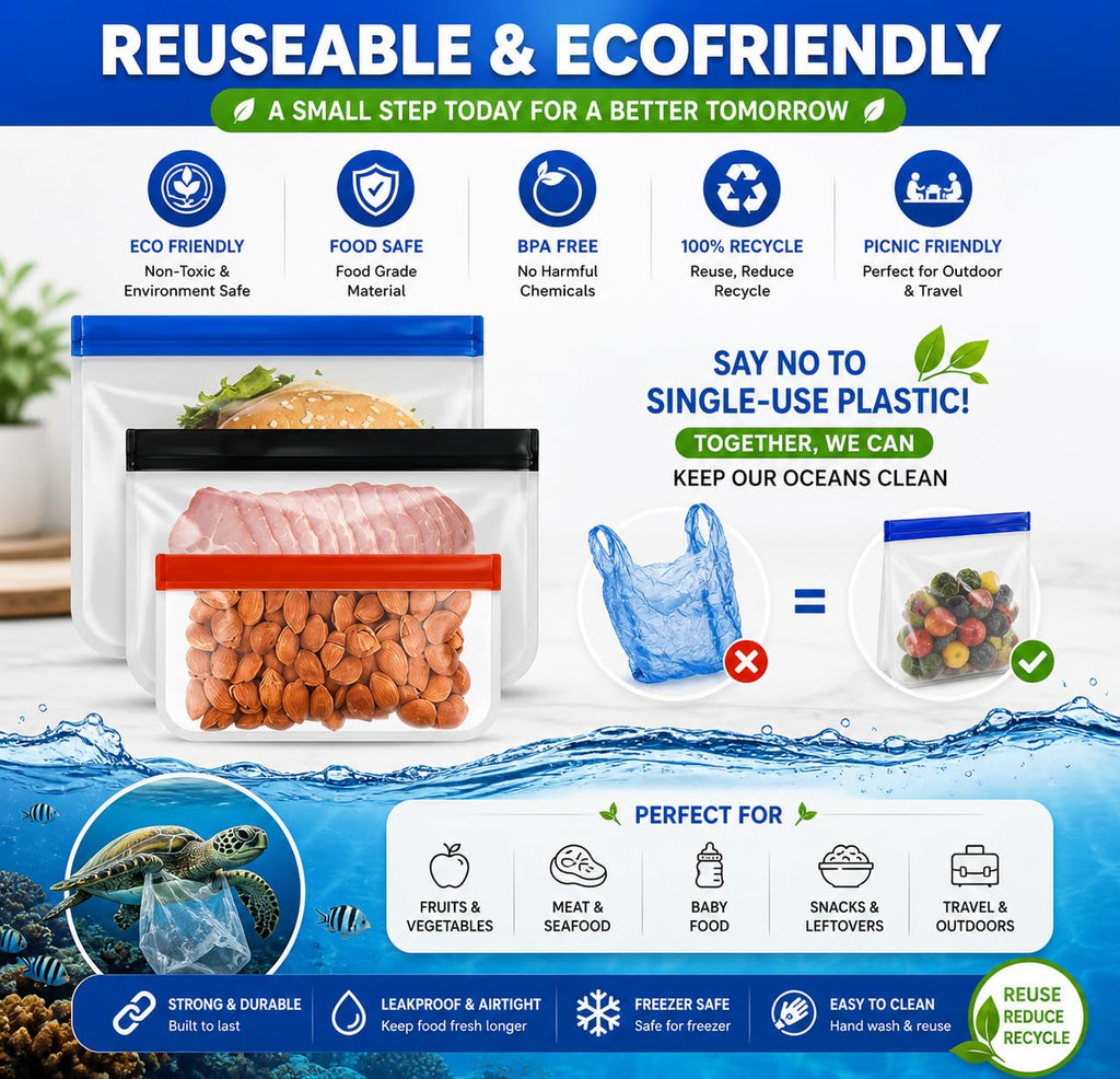 24-Pack Reusable Silicone Food Storage Bags, Leakproof Ziplock Set | Includes 8 Small, 8 Medium & 8 Large | Freezer-Safe & Eco-Friendly for Kitchen, Meal Prep & Travel