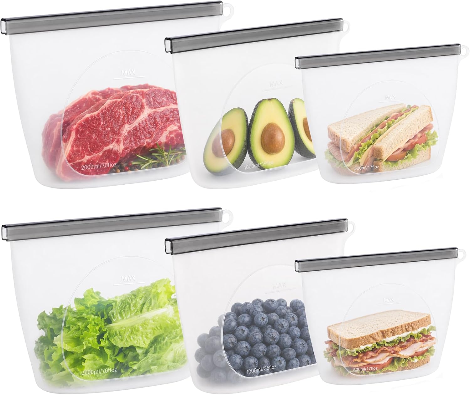 Silicone Reusable Food Storage Bags 6 Pack,Reusable Freezer Bags,Stand Up Wide-Mouth Zipper Container,Food Storage Bag Easy-Clean Sandwich,Microwave & Dishwasher,Eco Friendly(17oz,35oz,70oz)