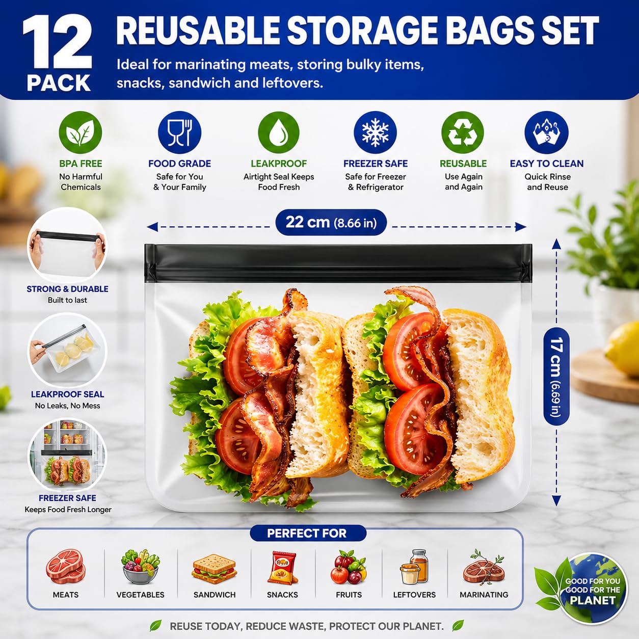 24-Pack Reusable Silicone Food Storage Bags, Leakproof Ziplock Set | Includes 8 Small, 8 Medium & 8 Large | Freezer-Safe & Eco-Friendly for Kitchen, Meal Prep & Travel