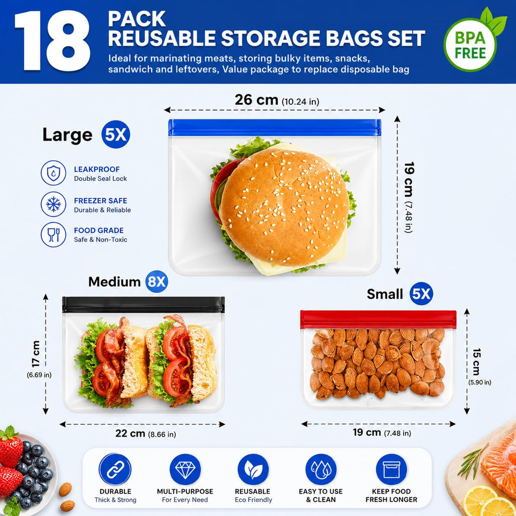 24-Pack Reusable Silicone Food Storage Bags, Leakproof Ziplock Set | Includes 8 Small, 8 Medium & 8 Large | Freezer-Safe & Eco-Friendly for Kitchen, Meal Prep & Travel