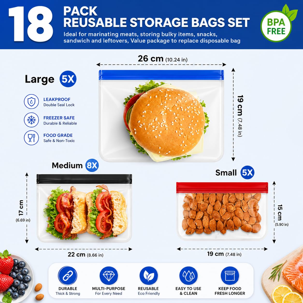 24-Pack Reusable Silicone Food Storage Bags, Leakproof Ziplock Set | Includes 8 Small, 8 Medium & 8 Large | Freezer-Safe & Eco-Friendly for Kitchen, Meal Prep & Travel