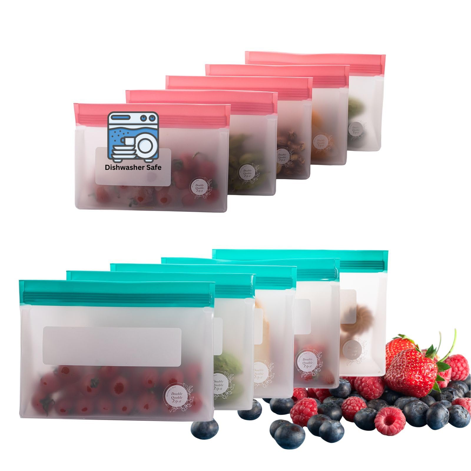 Reusable Food Storage Bags – 10-Pack Stand-Up, BPA-Free, Freezer, Dishwasher Safe, & Eco-Friendly – 5 L, 5 M Bags – Airtight Leakproof Sandwich, Snack, Travel & Make-Up baggies (Grey)