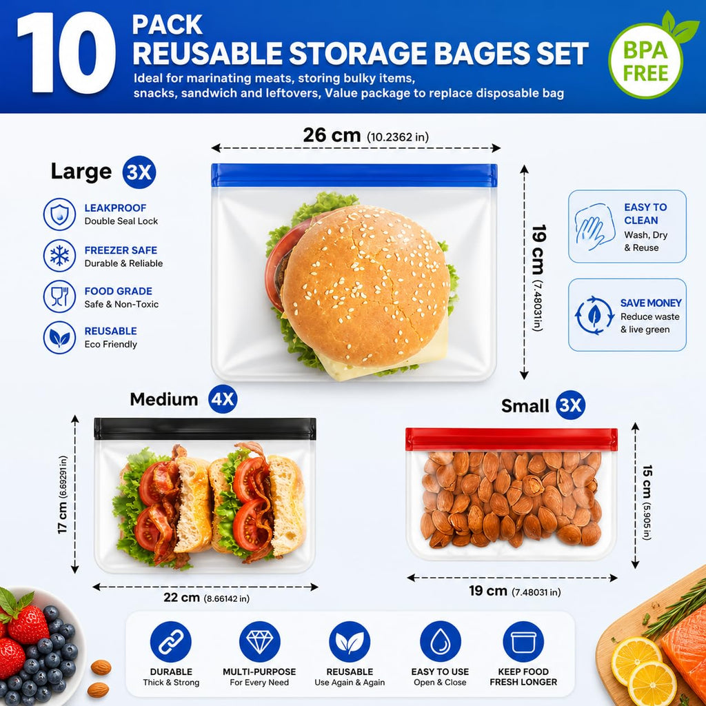 24-Pack Reusable Silicone Food Storage Bags, Leakproof Ziplock Set | Includes 8 Small, 8 Medium & 8 Large | Freezer-Safe & Eco-Friendly for Kitchen, Meal Prep & Travel