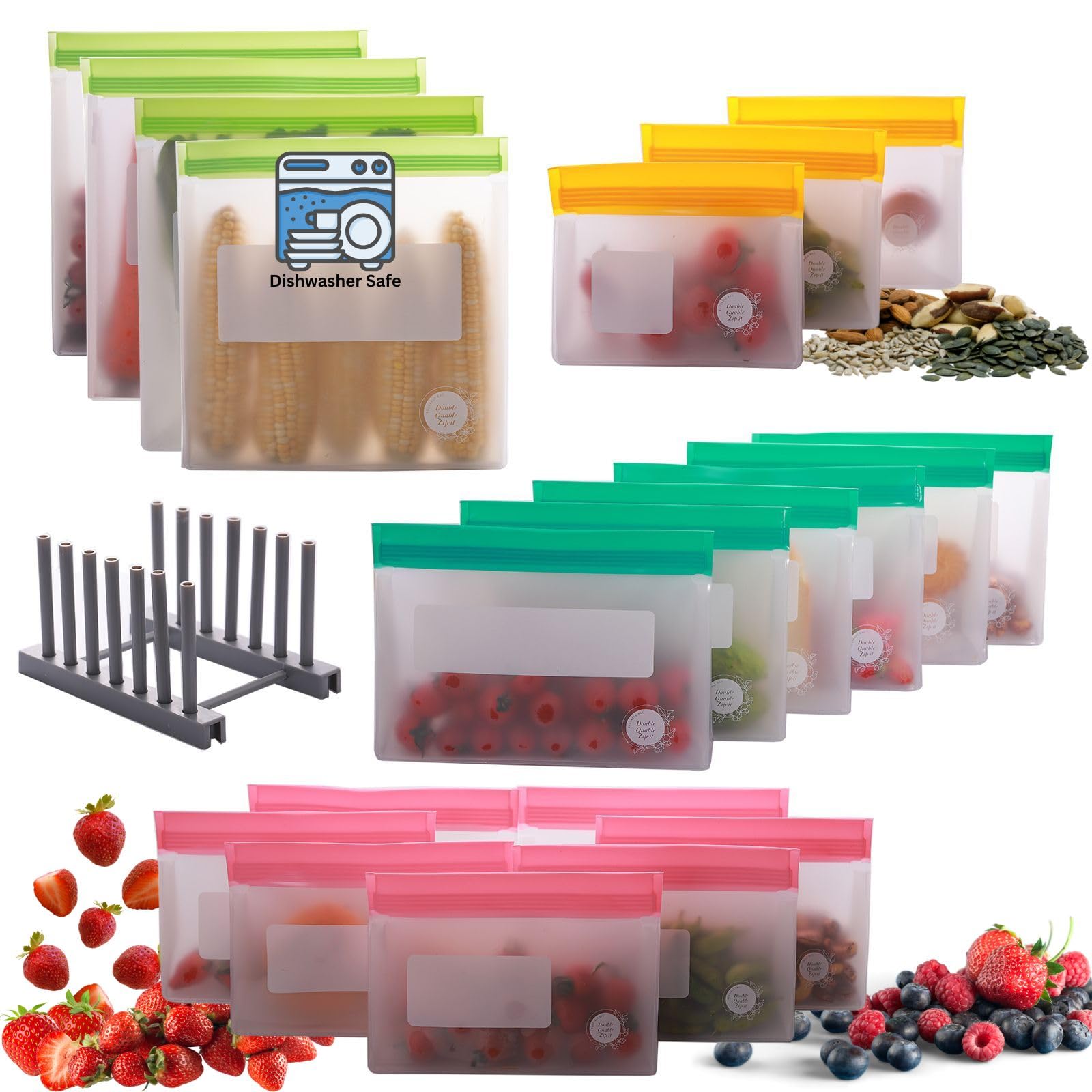 Reusable Food Storage Bags – 10-Pack Stand-Up, BPA-Free, Freezer, Dishwasher Safe, & Eco-Friendly – 5 L, 5 M Bags – Airtight Leakproof Sandwich, Snack, Travel & Make-Up baggies (Grey)
