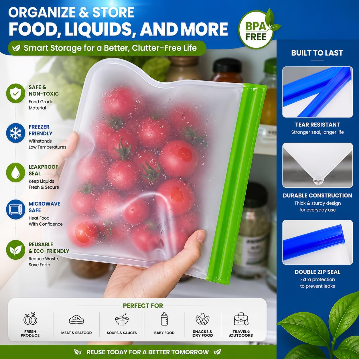 24-Pack Reusable Silicone Food Storage Bags, Leakproof Ziplock Set | Includes 8 Small, 8 Medium & 8 Large | Freezer-Safe & Eco-Friendly for Kitchen, Meal Prep & Travel