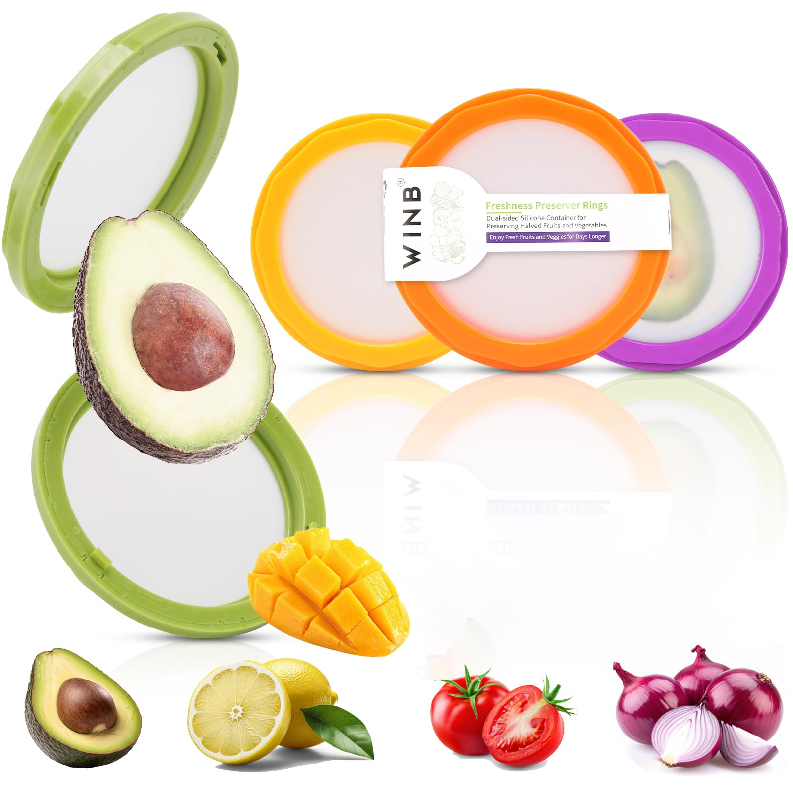 Winb Set of 4 Reusable Fruit and Veggie Savers - Ideal for Avocados, Tomatoes, Apples, Garlic, Onions, and More