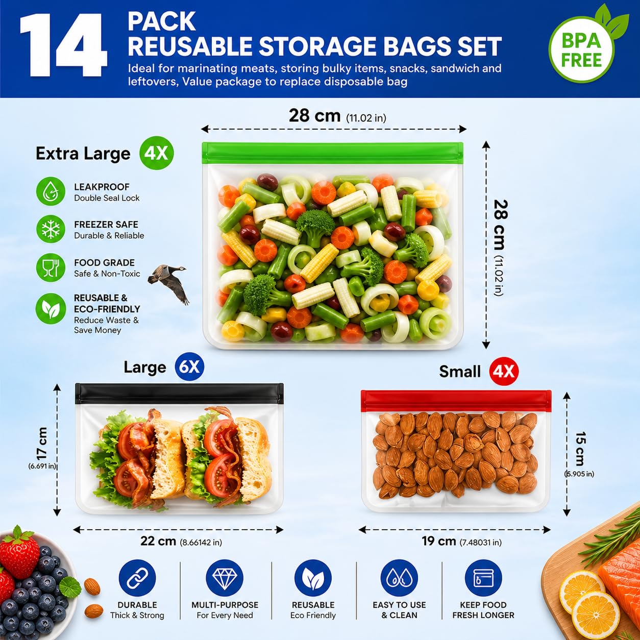 24-Pack Reusable Silicone Food Storage Bags, Leakproof Ziplock Set | Includes 8 Small, 8 Medium & 8 Large | Freezer-Safe & Eco-Friendly for Kitchen, Meal Prep & Travel