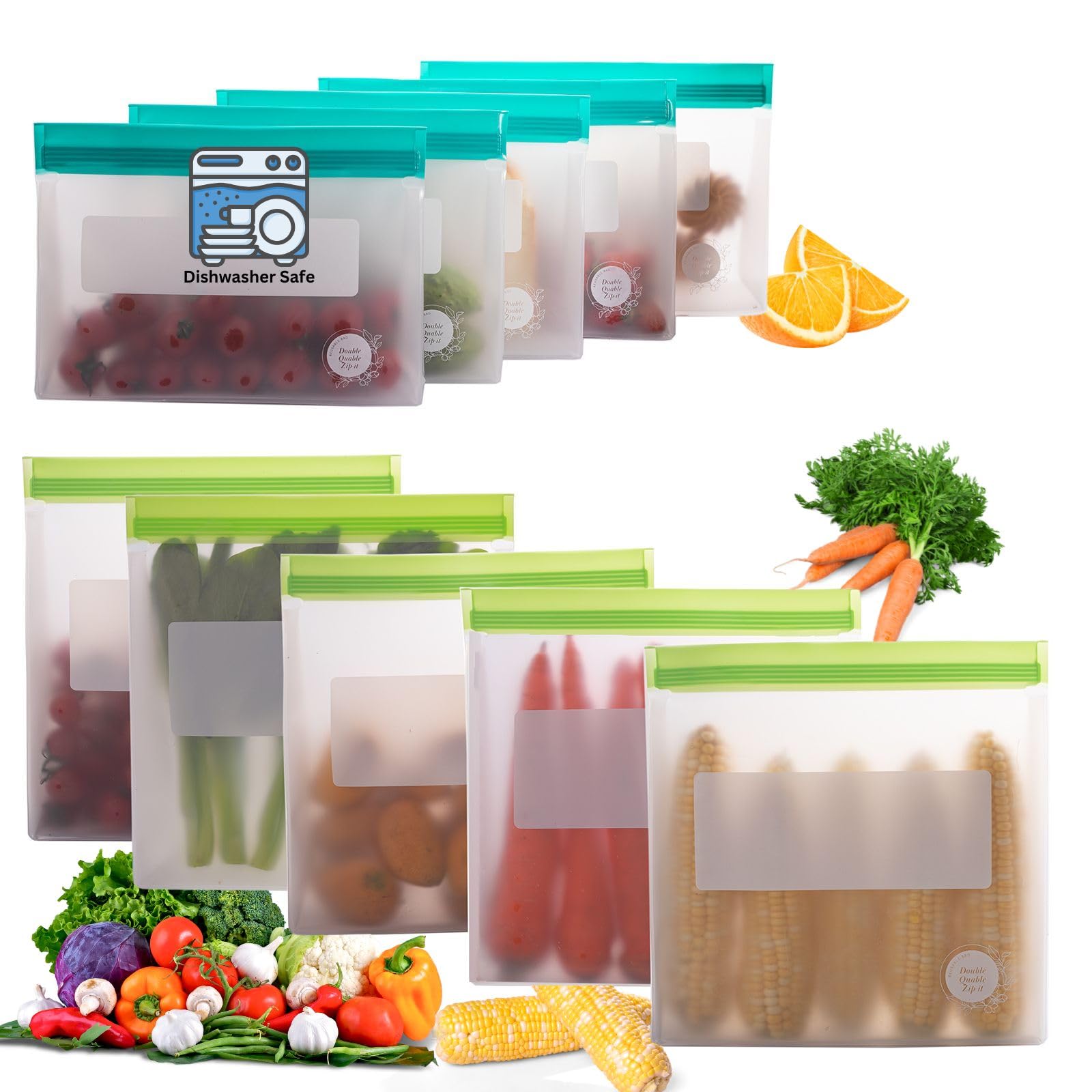 Reusable Food Storage Bags – 10-Pack Stand-Up, BPA-Free, Freezer, Dishwasher Safe, & Eco-Friendly – 5 L, 5 M Bags – Airtight Leakproof Sandwich, Snack, Travel & Make-Up baggies (Grey)
