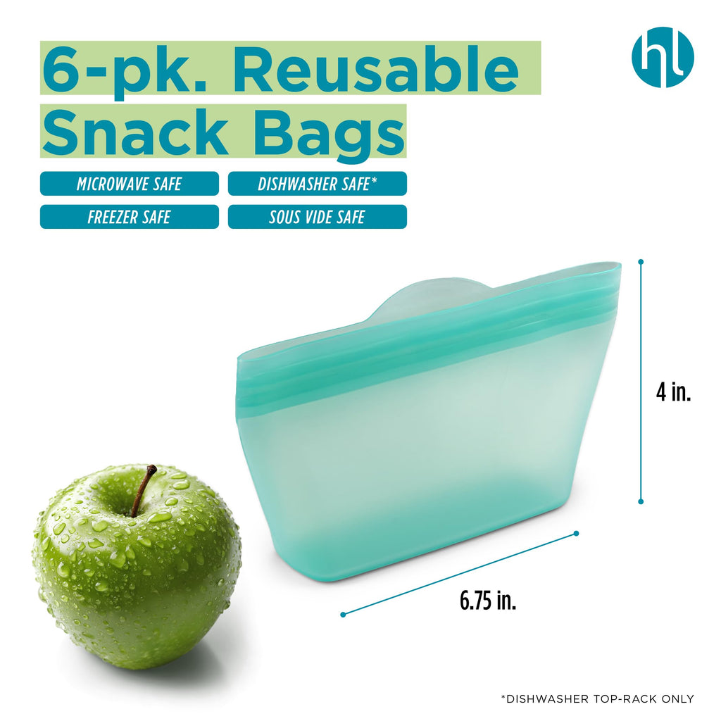 Home Logic Reusable Snack Bags - Set of 6 Clear Silicone Freezer Bags, Airtight Leak Resistant Reusable Zip Bags for Kitchen Home Food Prep, Microwave & Sous Vide Safe