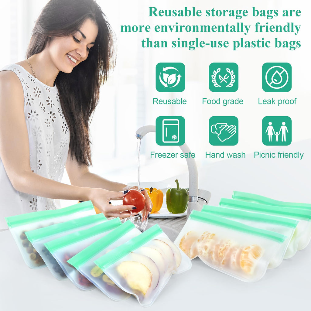 12 Pack Food Storage Containers Silicone Bags-6 Gallon Freezer 3 Sandwich 3 Reusable Snack Bags, Leakproof Silicone Bags for Fruit Storage