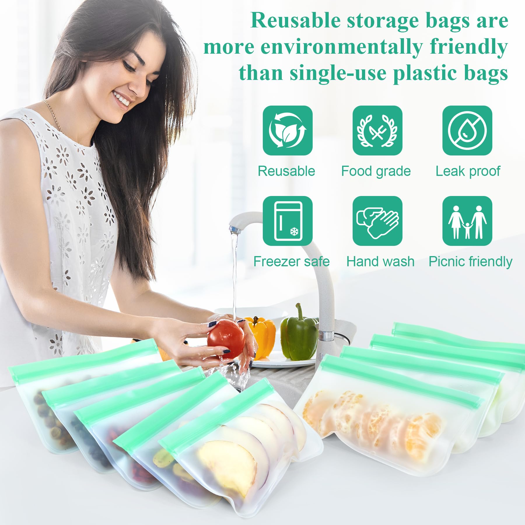 12 Pack Food Storage Containers Silicone Bags-6 Gallon Freezer 3 Sandwich 3 Reusable Snack Bags, Leakproof Silicone Bags for Fruit Storage