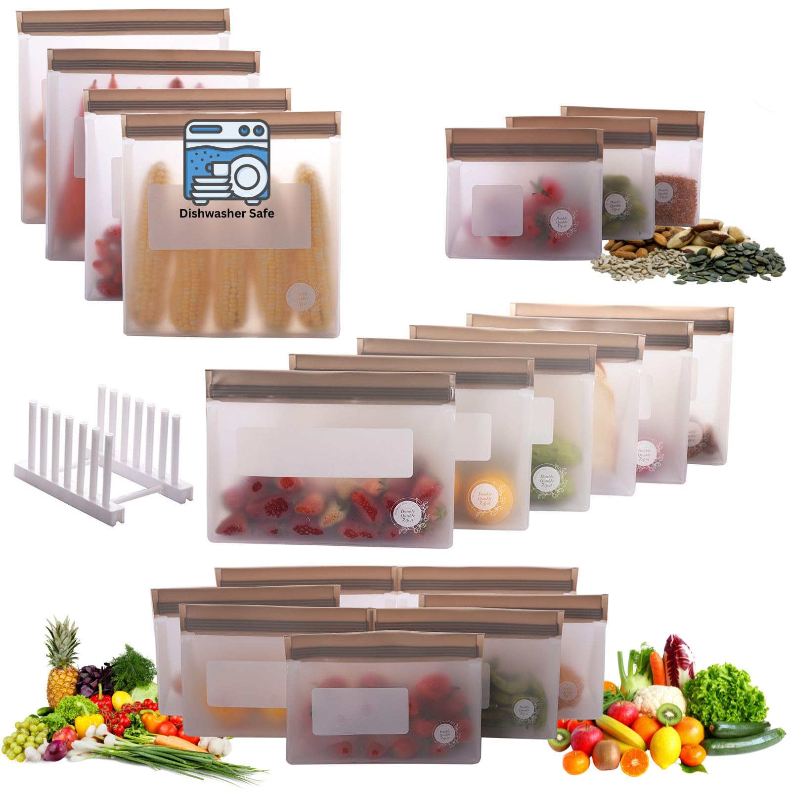 Reusable Food Storage Bags – 10-Pack Stand-Up, BPA-Free, Freezer, Dishwasher Safe, & Eco-Friendly – 5 L, 5 M Bags – Airtight Leakproof Sandwich, Snack, Travel & Make-Up baggies (Grey)