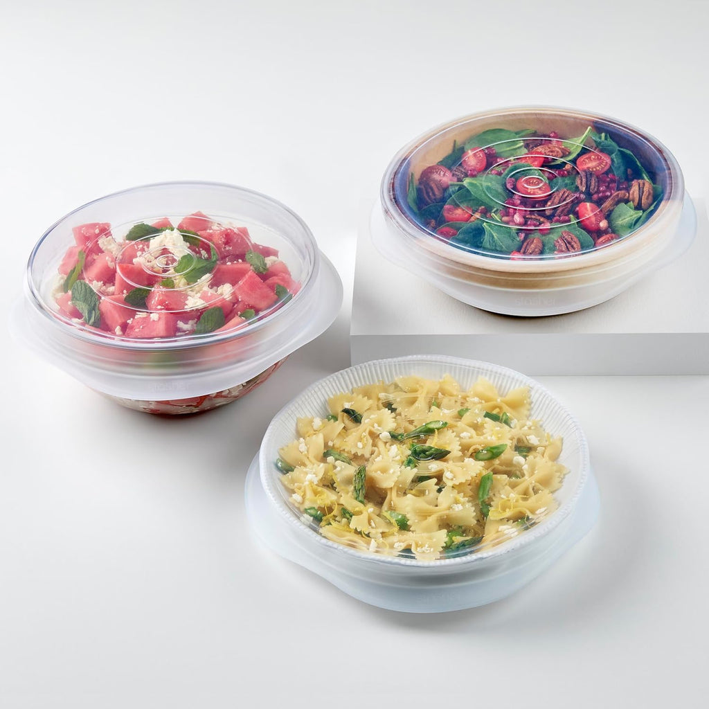 Stasher Premium Reusable Silicone Stretch Lids, Clear, 4pk of 9”, 6.5”, 4.5”, and 2.5” Lids, Airtight Seal, Food Container Covers, BPA Free, Leak-Free, Dishwasher Safe, Microwave Safe, Eco-Friendly