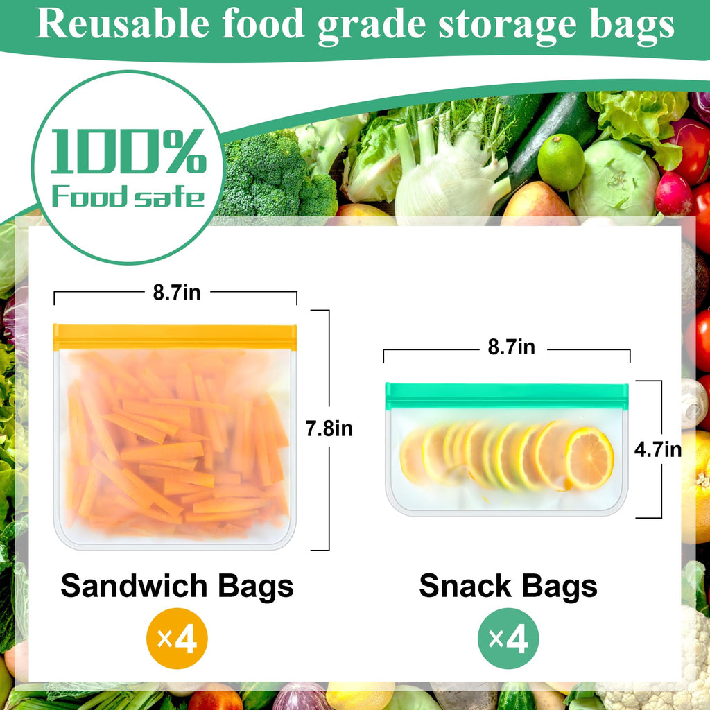 12 Pack Food Storage Containers Silicone Bags-6 Gallon Freezer 3 Sandwich 3 Reusable Snack Bags, Leakproof Silicone Bags for Fruit Storage