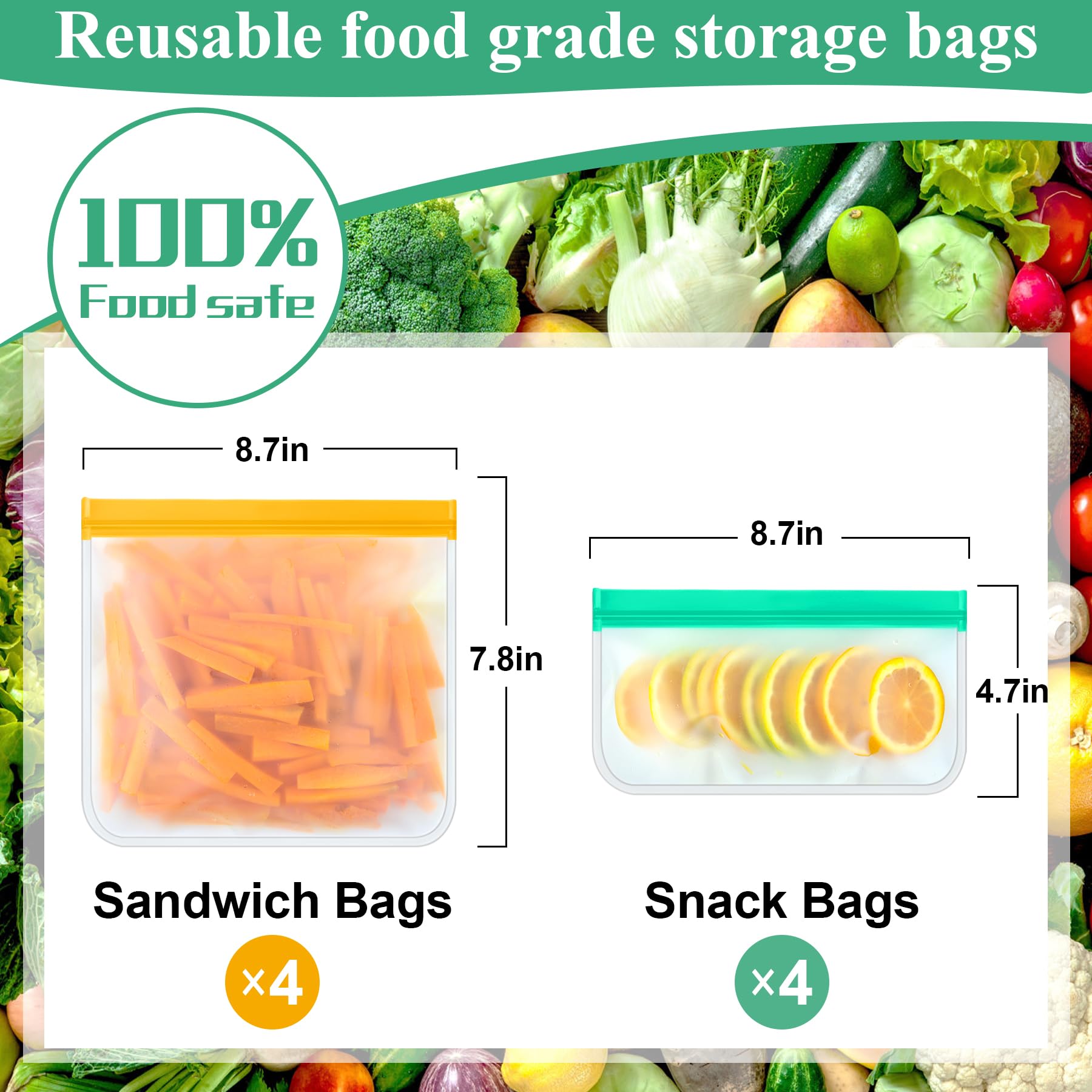 12 Pack Food Storage Containers Silicone Bags-6 Gallon Freezer 3 Sandwich 3 Reusable Snack Bags, Leakproof Silicone Bags for Fruit Storage