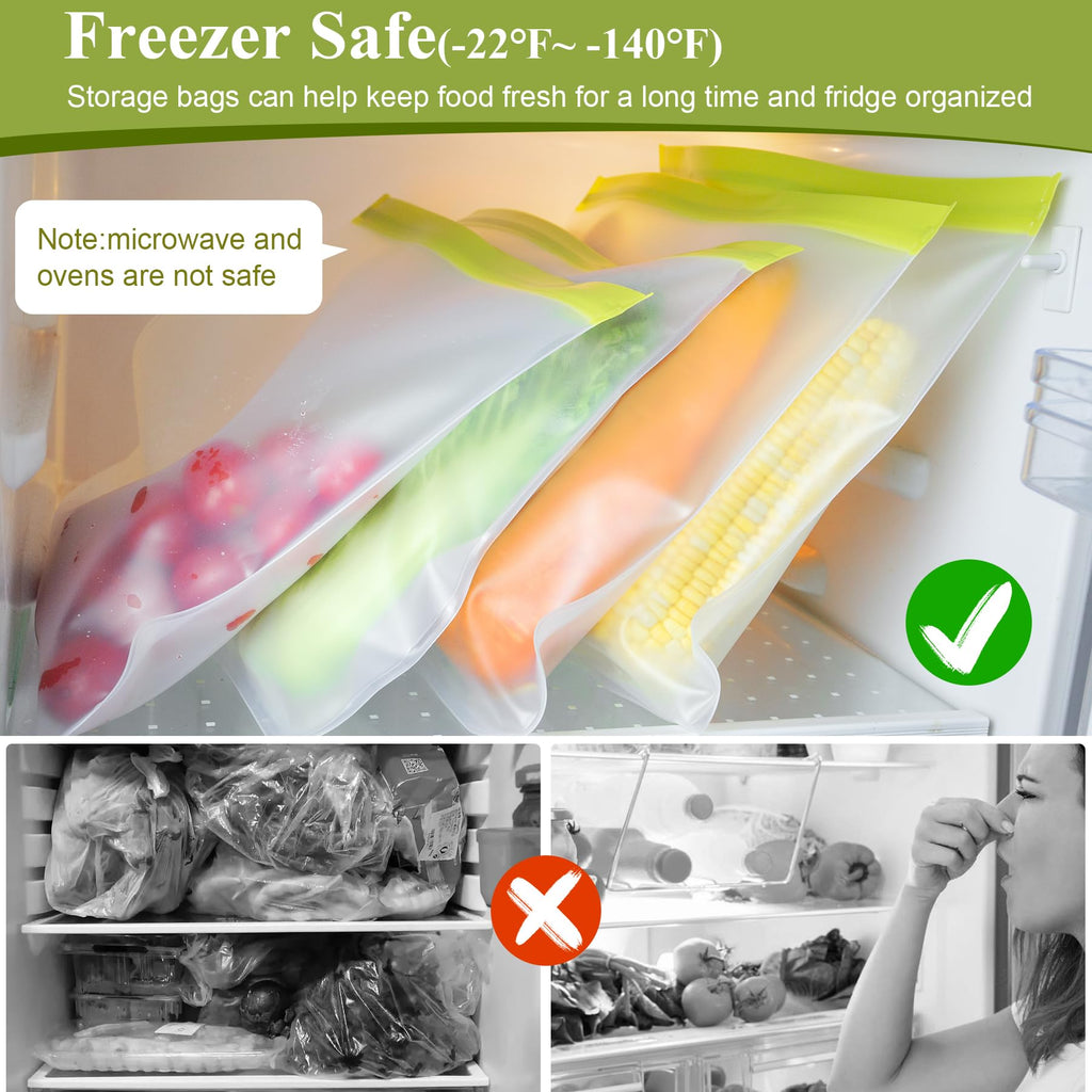 12 Pack Food Storage Containers Silicone Bags-6 Gallon Freezer 3 Sandwich 3 Reusable Snack Bags, Leakproof Silicone Bags for Fruit Storage