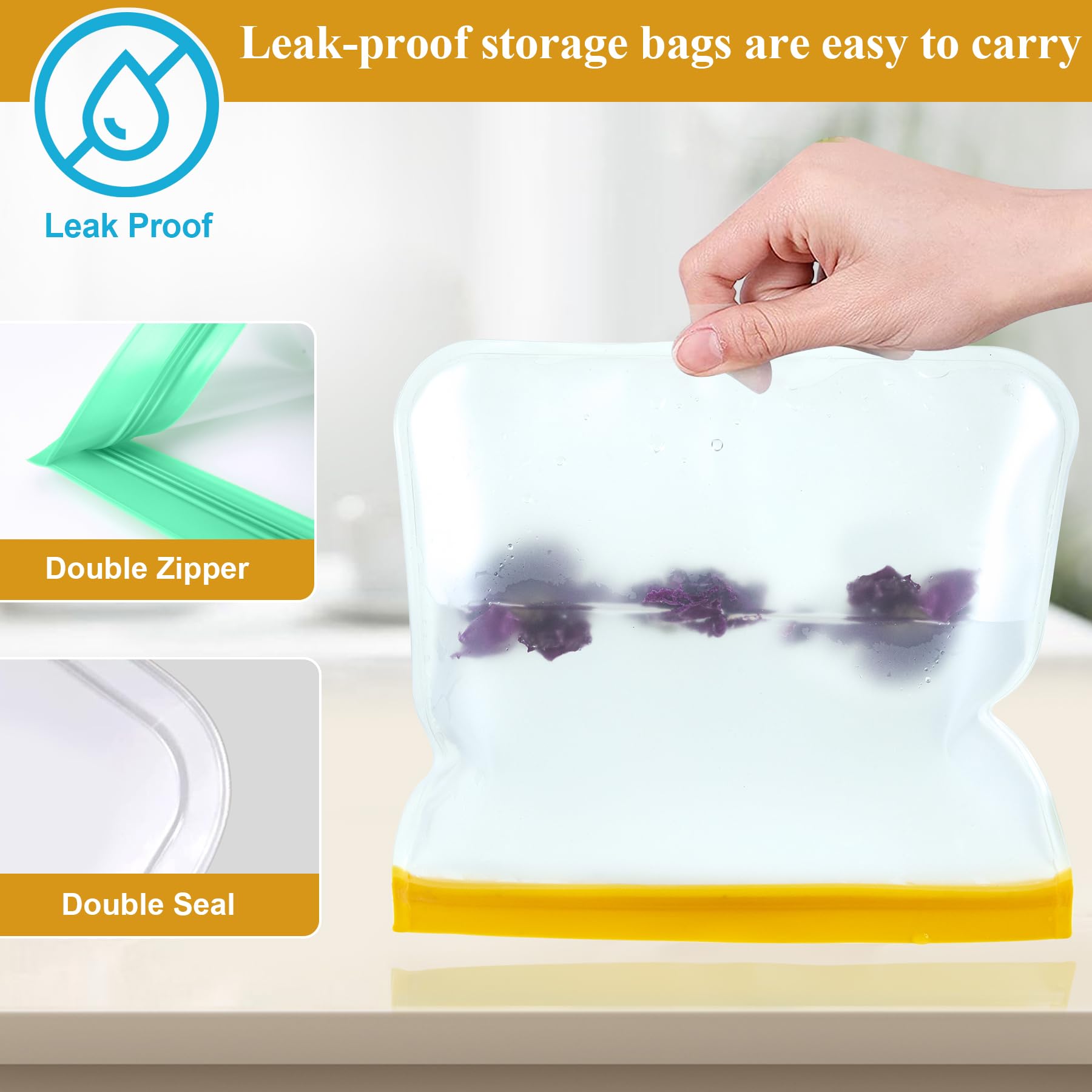 12 Pack Food Storage Containers Silicone Bags-6 Gallon Freezer 3 Sandwich 3 Reusable Snack Bags, Leakproof Silicone Bags for Fruit Storage