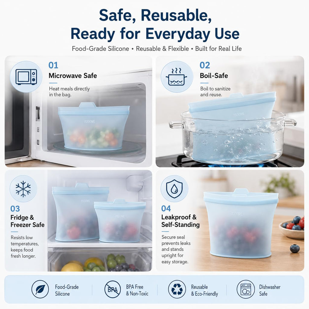 Reusable Silicone Food Storage Bags, 3 Pack 17/34/50 oz, Snack & Meal Prep(Clear)