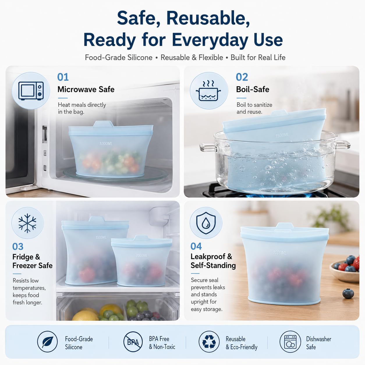 Reusable Silicone Food Storage Bags, 3 Pack 17/34/50 oz, Snack & Meal Prep(Clear)