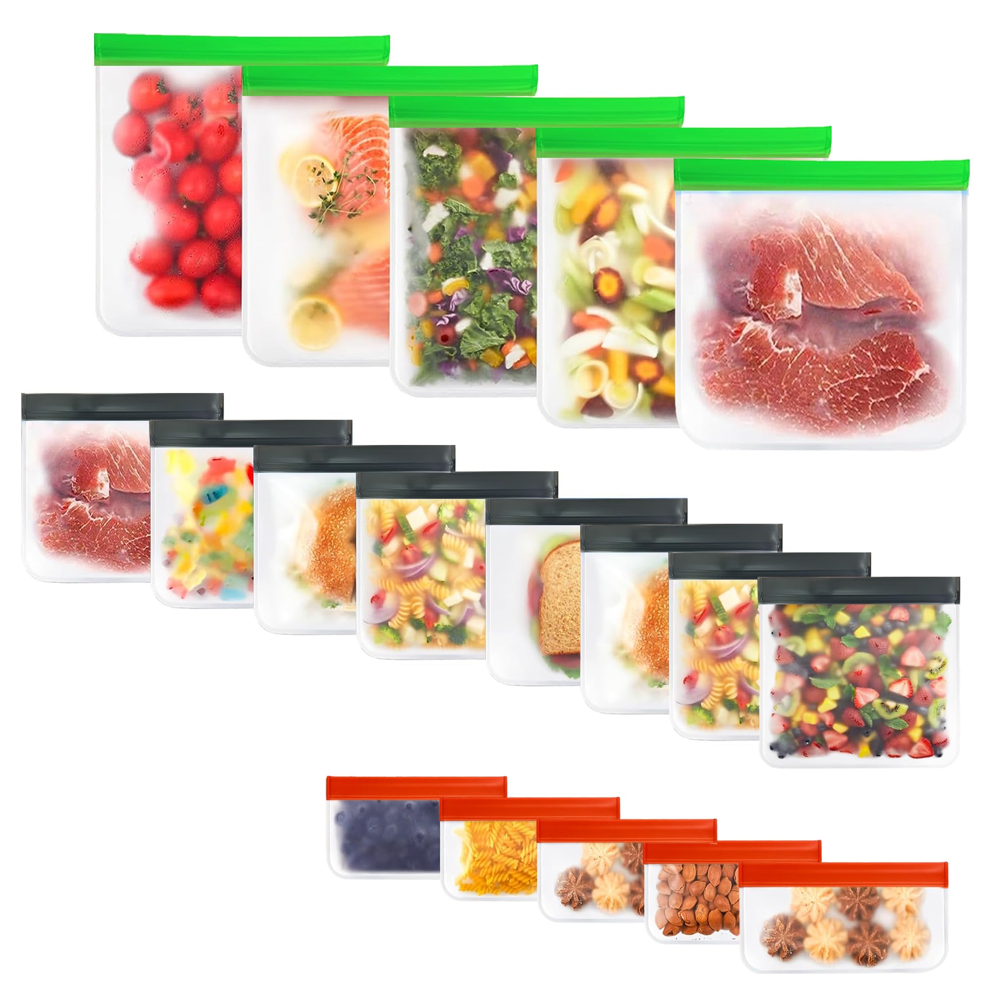 24-Pack Reusable Silicone Food Storage Bags, Leakproof Ziplock Set | Includes 8 Small, 8 Medium & 8 Large | Freezer-Safe & Eco-Friendly for Kitchen, Meal Prep & Travel