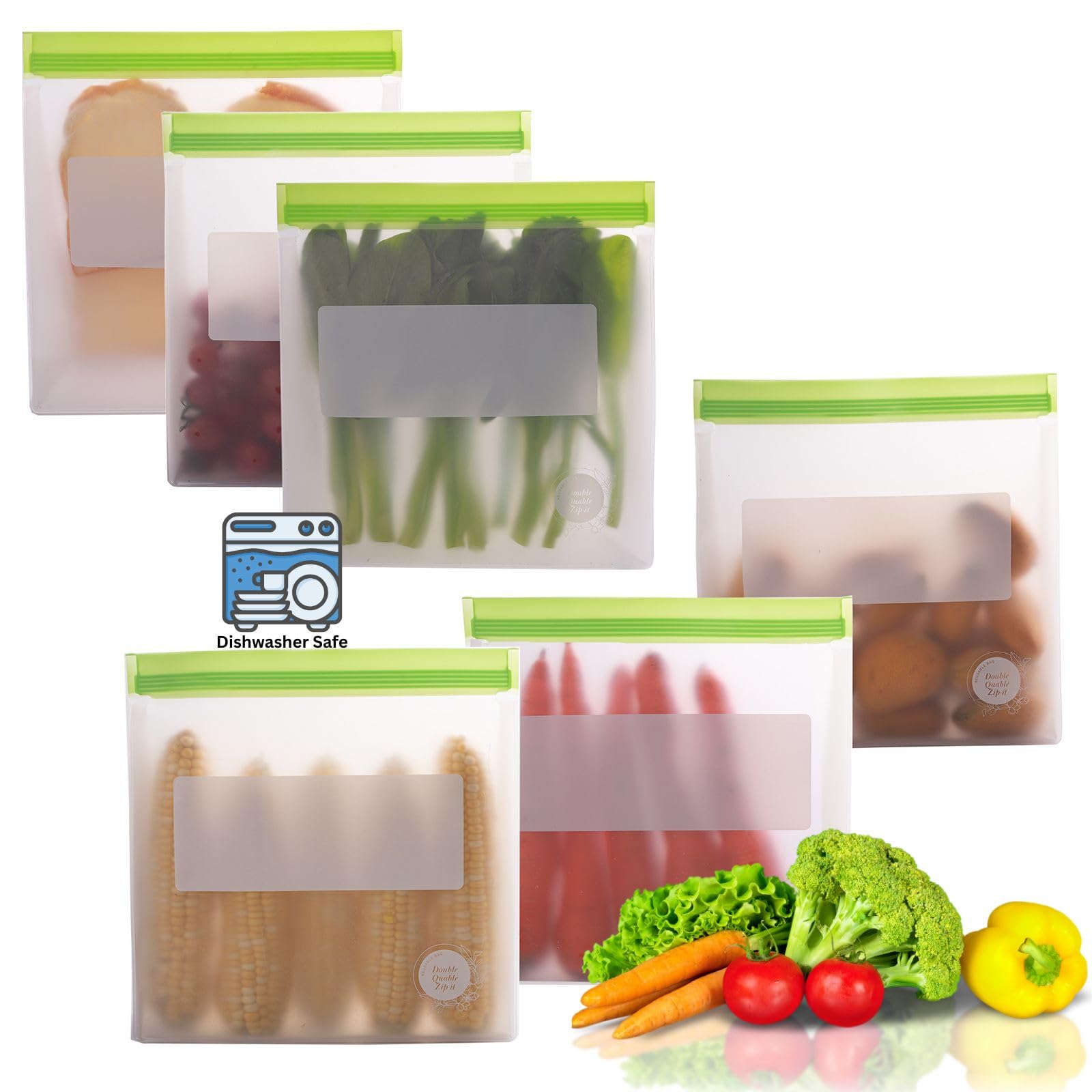 Reusable Food Storage Bags – 10-Pack Stand-Up, BPA-Free, Freezer, Dishwasher Safe, & Eco-Friendly – 5 L, 5 M Bags – Airtight Leakproof Sandwich, Snack, Travel & Make-Up baggies (Grey)