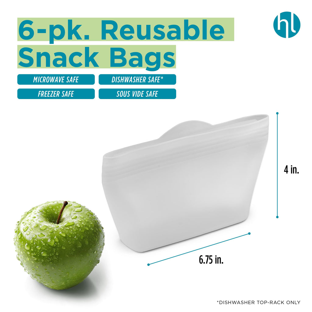 Home Logic Reusable Snack Bags - Set of 6 Clear Silicone Freezer Bags, Airtight Leak Resistant Reusable Zip Bags for Kitchen Home Food Prep, Microwave & Sous Vide Safe