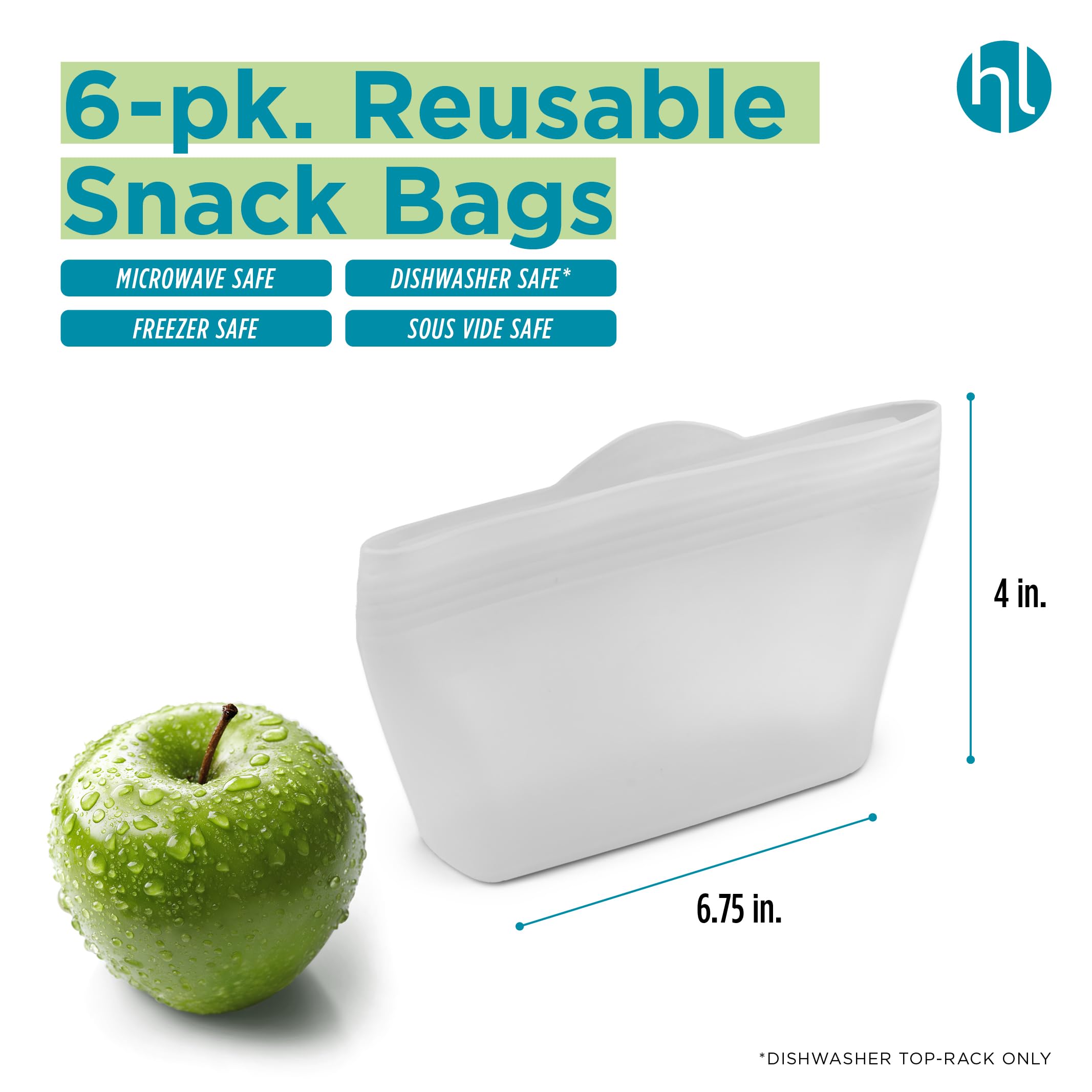 Home Logic Reusable Snack Bags - Set of 6 Clear Silicone Freezer Bags, Airtight Leak Resistant Reusable Zip Bags for Kitchen Home Food Prep, Microwave & Sous Vide Safe