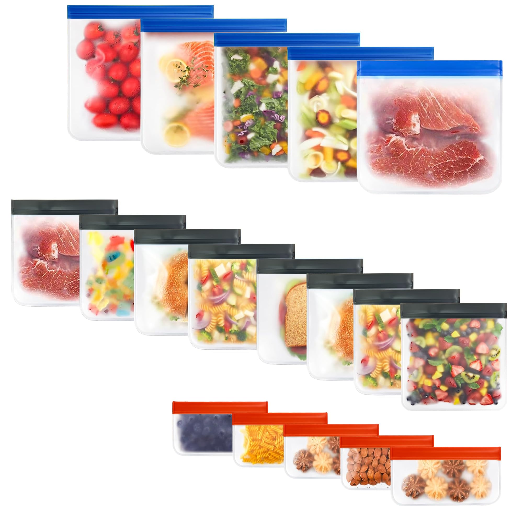24-Pack Reusable Silicone Food Storage Bags, Leakproof Ziplock Set | Includes 8 Small, 8 Medium & 8 Large | Freezer-Safe & Eco-Friendly for Kitchen, Meal Prep & Travel