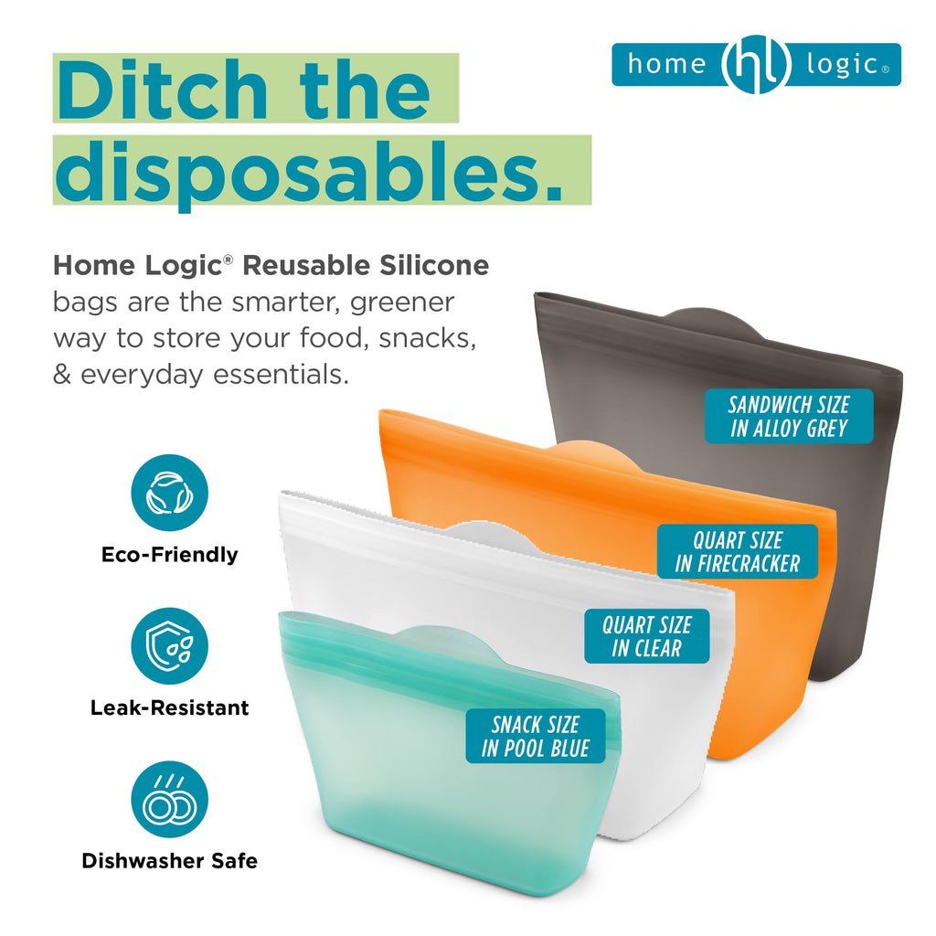 Home Logic Reusable Snack Bags - Set of 6 Clear Silicone Freezer Bags, Airtight Leak Resistant Reusable Zip Bags for Kitchen Home Food Prep, Microwave & Sous Vide Safe