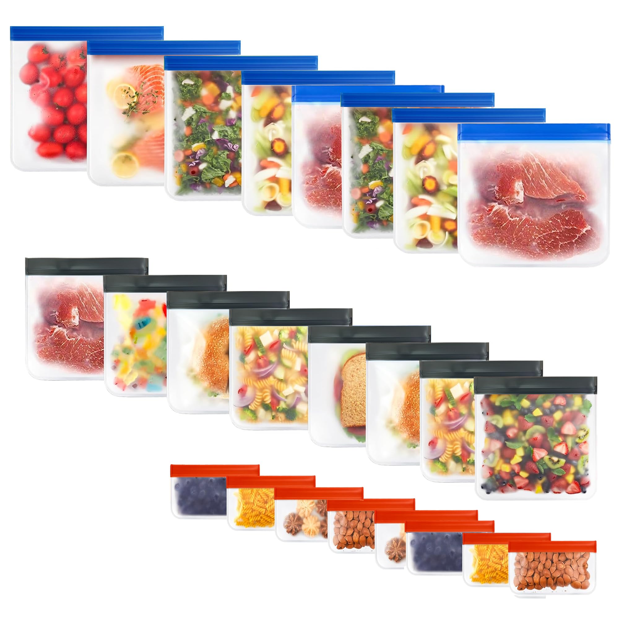 24-Pack Reusable Silicone Food Storage Bags, Leakproof Ziplock Set | Includes 8 Small, 8 Medium & 8 Large | Freezer-Safe & Eco-Friendly for Kitchen, Meal Prep & Travel