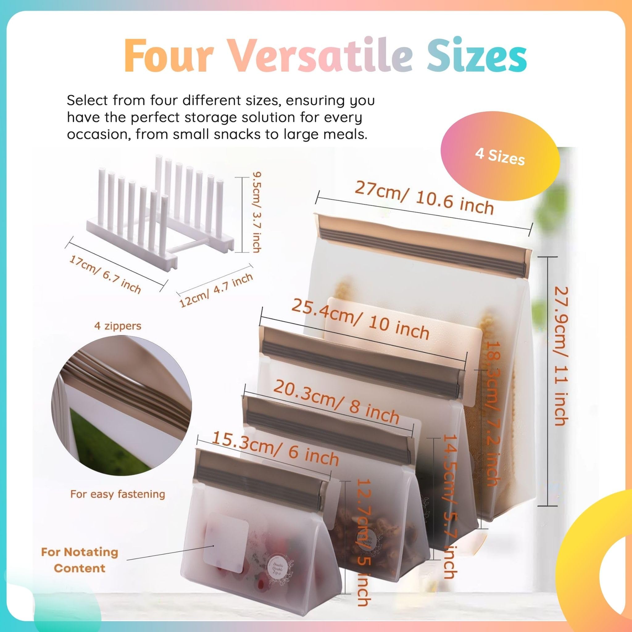 Reusable Food Storage Bags – 10-Pack Stand-Up, BPA-Free, Freezer, Dishwasher Safe, & Eco-Friendly – 5 L, 5 M Bags – Airtight Leakproof Sandwich, Snack, Travel & Make-Up baggies (Grey)