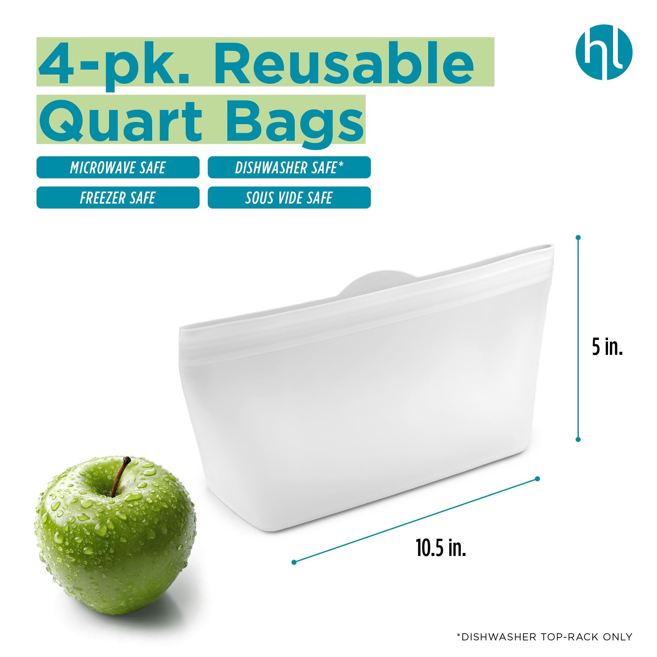 Home Logic Reusable Snack Bags - Set of 6 Clear Silicone Freezer Bags, Airtight Leak Resistant Reusable Zip Bags for Kitchen Home Food Prep, Microwave & Sous Vide Safe