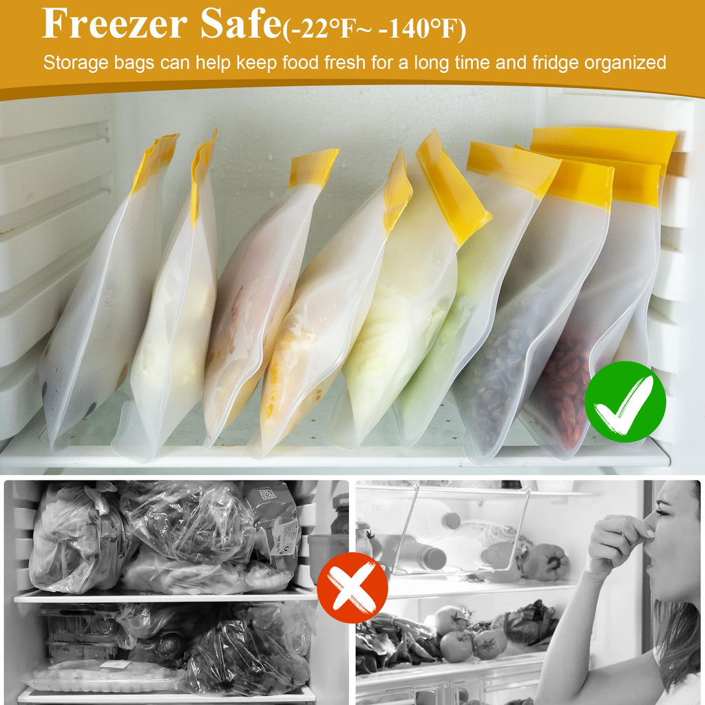 12 Pack Food Storage Containers Silicone Bags-6 Gallon Freezer 3 Sandwich 3 Reusable Snack Bags, Leakproof Silicone Bags for Fruit Storage
