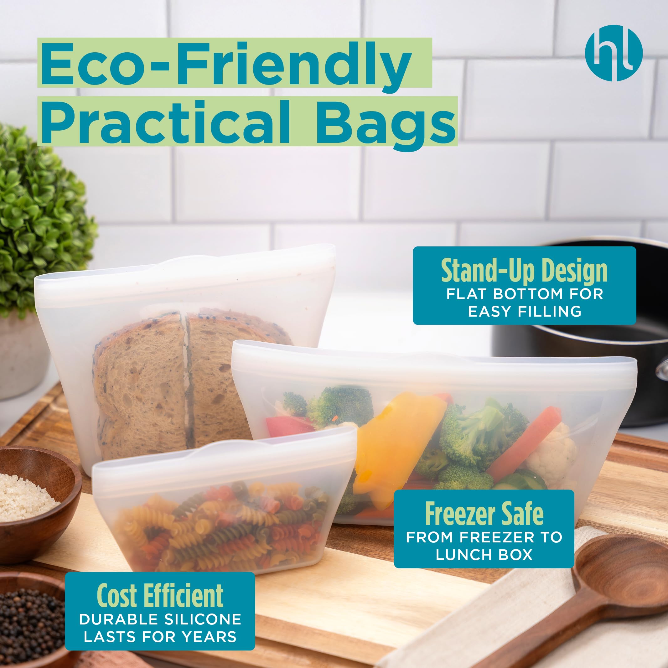 Home Logic Reusable Snack Bags - Set of 6 Clear Silicone Freezer Bags, Airtight Leak Resistant Reusable Zip Bags for Kitchen Home Food Prep, Microwave & Sous Vide Safe