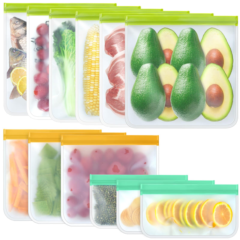 12 Pack Food Storage Containers Silicone Bags-6 Gallon Freezer 3 Sandwich 3 Reusable Snack Bags, Leakproof Silicone Bags for Fruit Storage