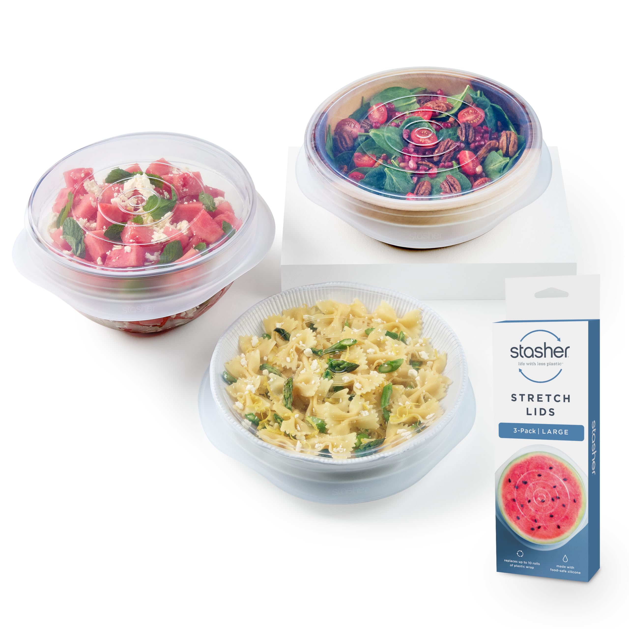Stasher Premium Reusable Silicone Stretch Lids, Clear, 4pk of 9”, 6.5”, 4.5”, and 2.5” Lids, Airtight Seal, Food Container Covers, BPA Free, Leak-Free, Dishwasher Safe, Microwave Safe, Eco-Friendly