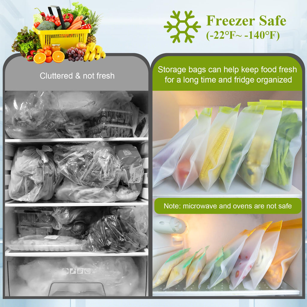 12 Pack Food Storage Containers Silicone Bags-6 Gallon Freezer 3 Sandwich 3 Reusable Snack Bags, Leakproof Silicone Bags for Fruit Storage