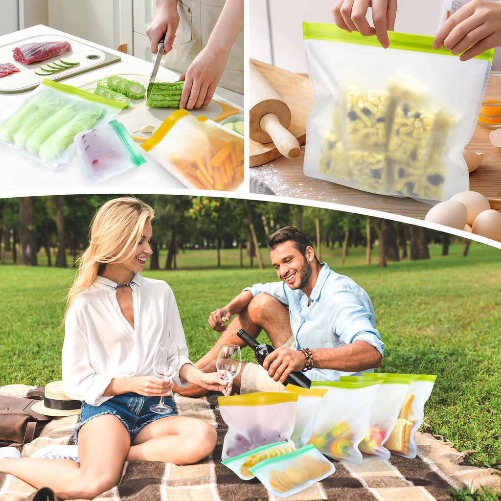 12 Pack Food Storage Containers Silicone Bags-6 Gallon Freezer 3 Sandwich 3 Reusable Snack Bags, Leakproof Silicone Bags for Fruit Storage