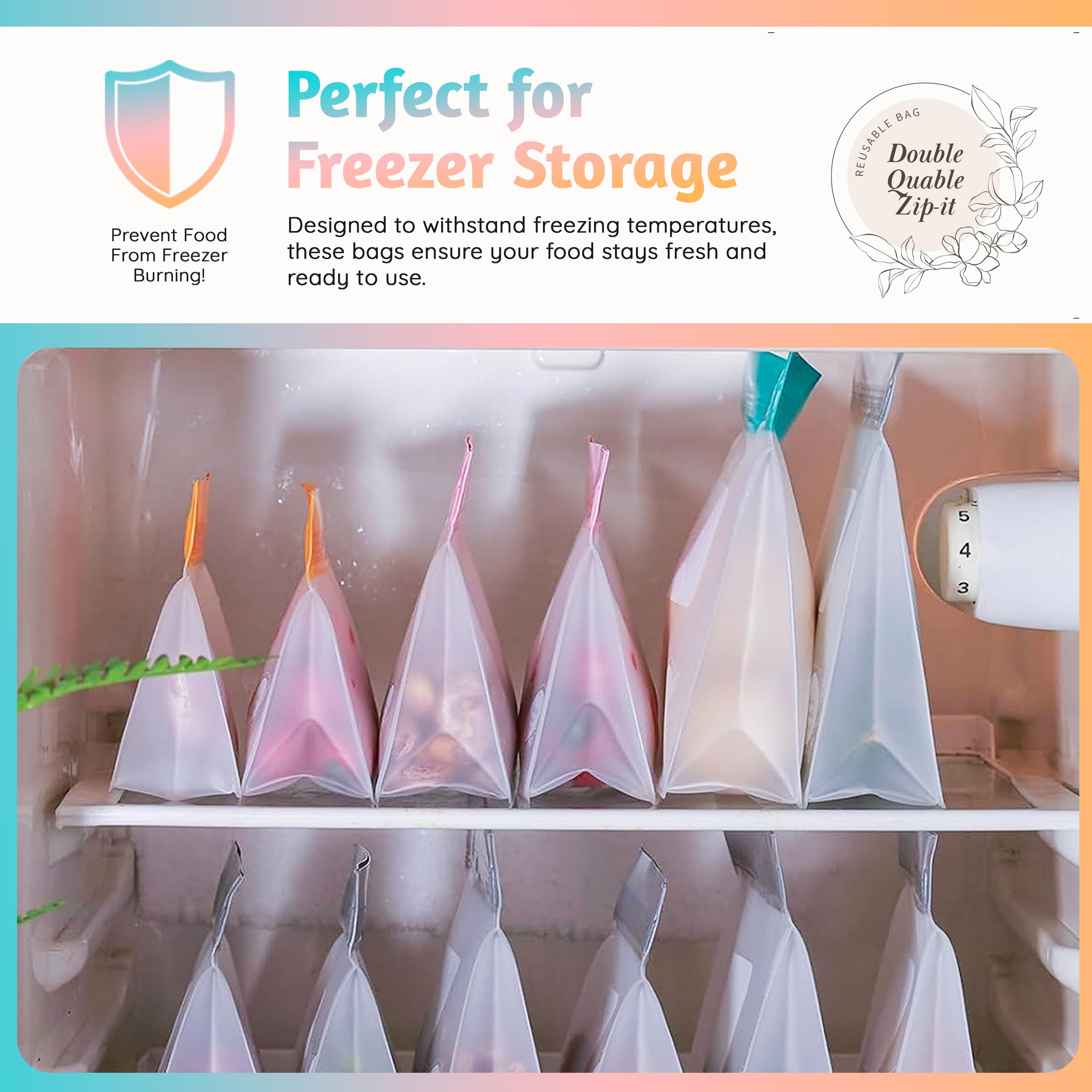 Reusable Food Storage Bags – 10-Pack Stand-Up, BPA-Free, Freezer, Dishwasher Safe, & Eco-Friendly – 5 L, 5 M Bags – Airtight Leakproof Sandwich, Snack, Travel & Make-Up baggies (Grey)