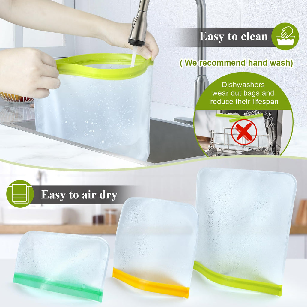 12 Pack Food Storage Containers Silicone Bags-6 Gallon Freezer 3 Sandwich 3 Reusable Snack Bags, Leakproof Silicone Bags for Fruit Storage
